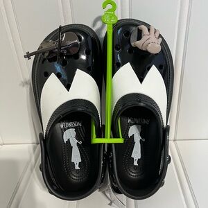 CROCS Limited Edition Wednesday Stomp Black and White Platform Clogs with Charms